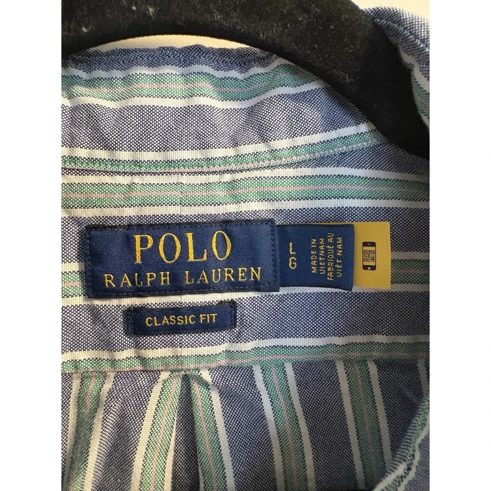 Polo Ralph Lauren Button Down Mens Large Blue Green Striped Classic Fit Oxford‎